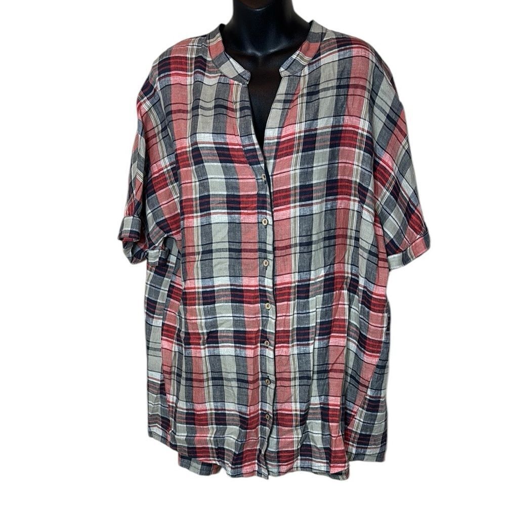 Yuvita women’s medium 100% linen oversized Lagenlook plaid tunic top capsule